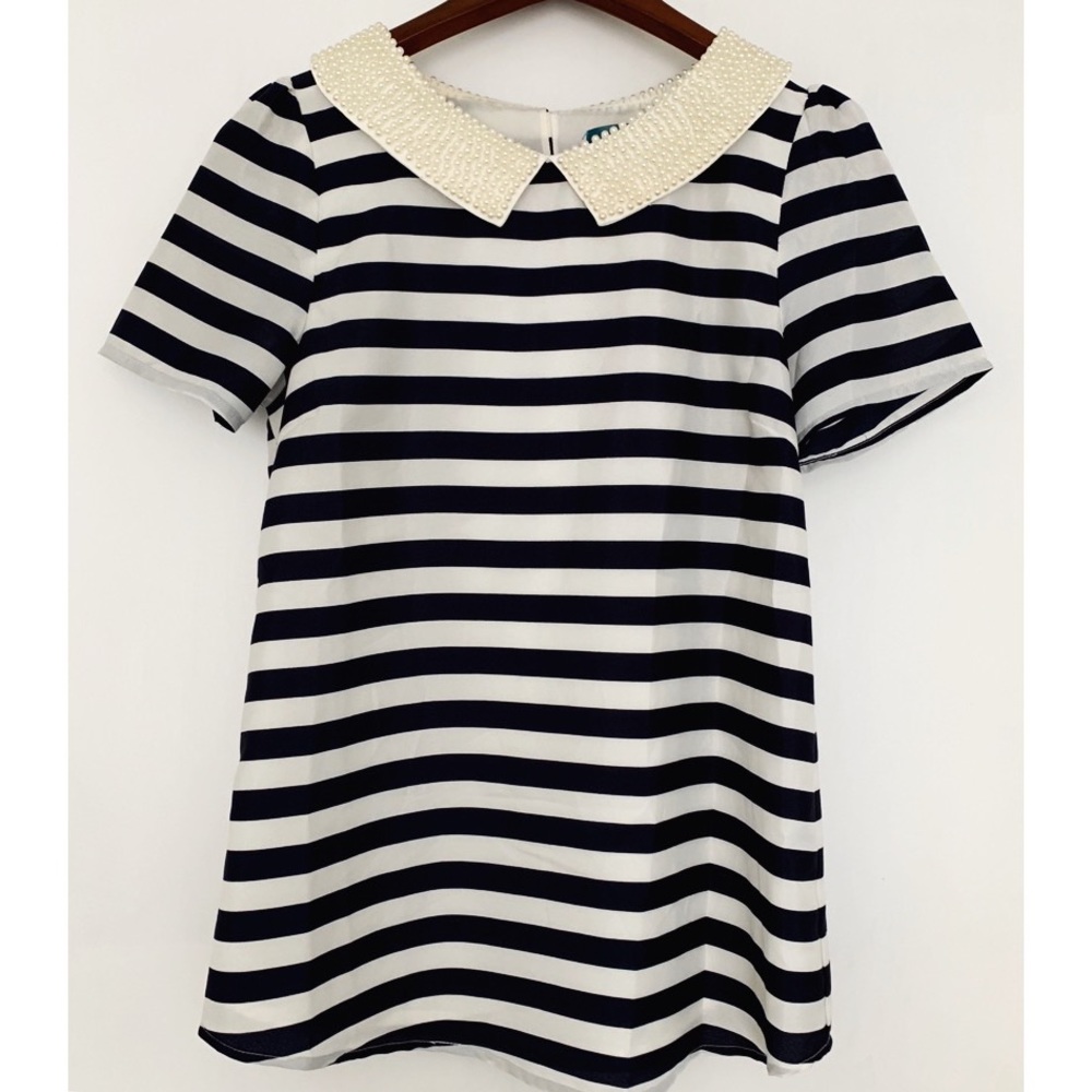 Striped top with beaded petal collar